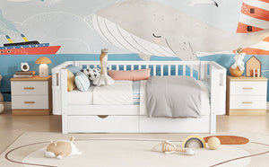 English Elm Twin Solid Wood Platform Bed with Guardrail for Kids, Low-Profile Sturdy Pine Frame, Safe Sleep Solution White 69.69 L x 18.5 W x 7.68 H W2593P331678