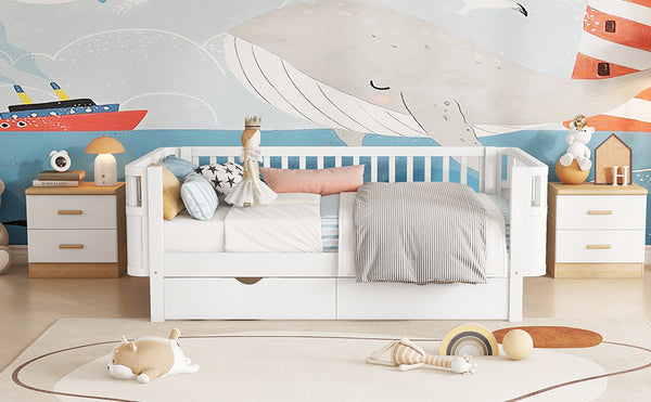 English Elm Twin Solid Wood Platform Bed with Guardrail for Kids, Low-Profile Sturdy Pine Frame, Safe Sleep Solution White 69.69 L x 18.5 W x 7.68 H W2593P331678
