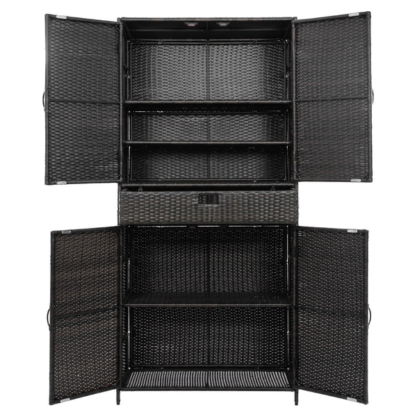 English Elm K&k Tall Arched Pe Rattan Outdoor Storage Cabinet with Adjustable Shelves and Steel Frame Brown+Black N707P420102D