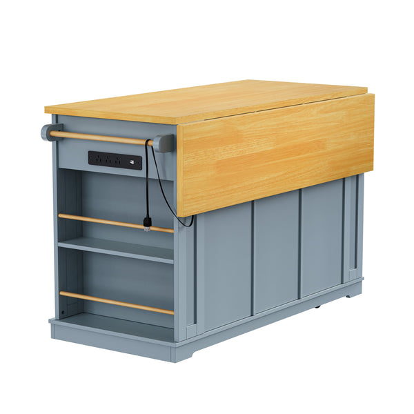 English Elm K&K 53" Large Kitchen Island with 2 Stools, Built-In Power Station, Wheels, Drop Leaf & Ample Storage Grey-Blue N707S000007G
