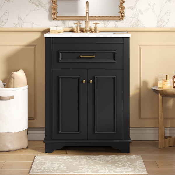 English Elm 24" Matte Single Sink Vanity Solid Poplar Frame Gold Hardware Soft Close Cabinet Black N710P389449B