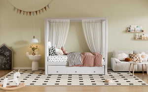 English Elm Twin Upholstery Canopy Platform Bed with Trundle & 3 Storage Drawers, Beige — Modern Pine Frame, 75.6"H DL001916AAA