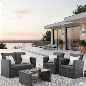English Elm 4-piece Outdoor Wicker Conversation Set with Tempered Glass Table and Resort Style Black+Brown B082S00058