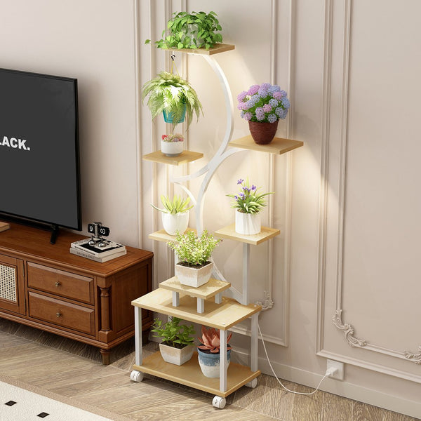 English Elm Plant Stand with Full Spectrum Grow Lights 8 Tier S Shaped Iron Corner Display Rack White+Natural W2641P446508