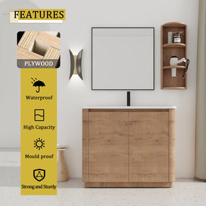 English Elm 40'' Freestanding Bathroom Vanity With Glossy Ceramic Sink, Soft-Close Doors & Ample Storage Rack W999S00405