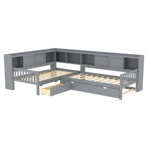 English Elm L-shaped Twin Platform Bed with Trundle, Solid Wood Corner Sleeper with Drawers, Shelves, No Box Spring Needed Grey W1580S00260