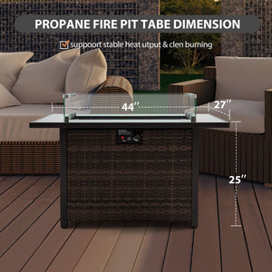 English Elm Outdoor Fire Pit 50,000 BTU Propane Gas Fire Table with Wicker Base, Glass Wind Guard, Lid, Patio Warmer Black+Brown W213P266078