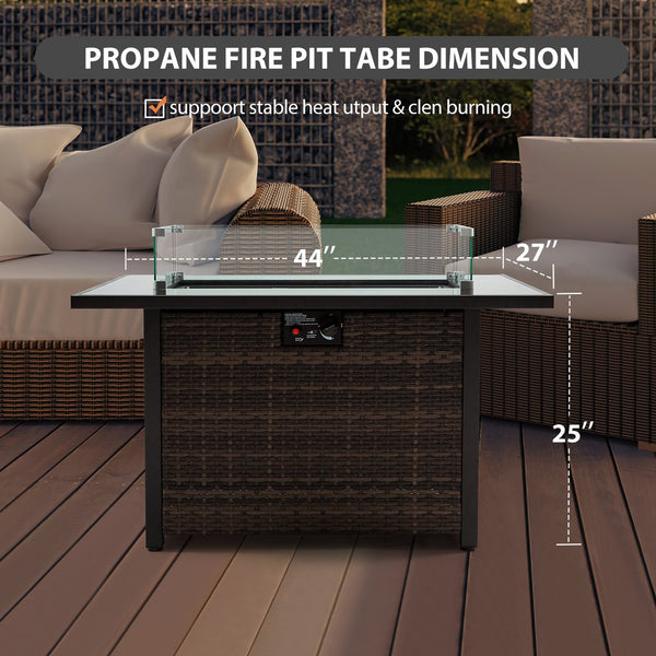 English Elm Outdoor Fire Pit 50,000 BTU Propane Gas Fire Table with Wicker Base, Glass Wind Guard, Lid, Patio Warmer Black+Brown W213P266078