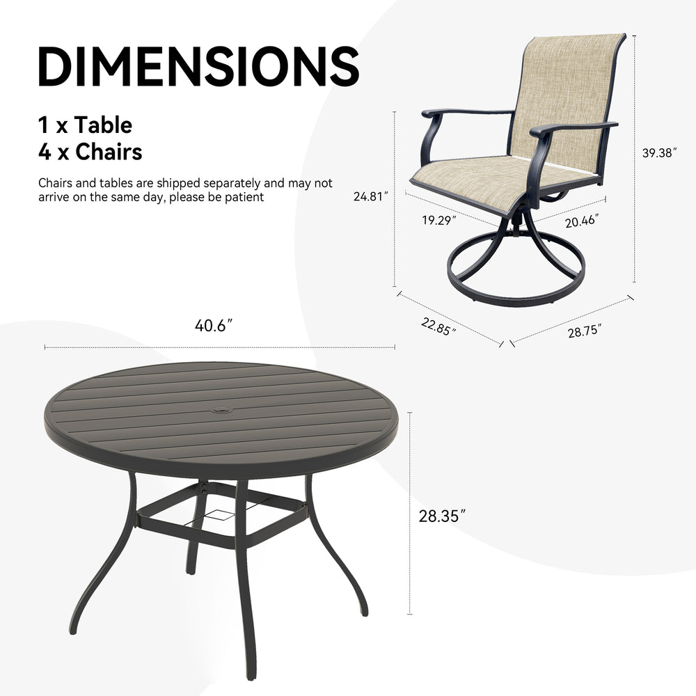 English Elm Outdoor Round Dining Set for Four with Mesh Swivel Chairs and Umbrella Hole Table W213S00058