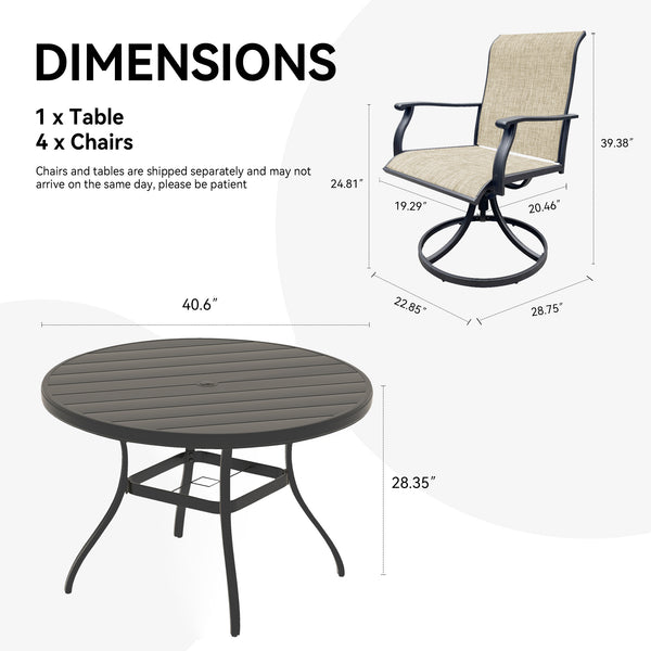 English Elm Outdoor Round Dining Set for Four with Mesh Swivel Chairs and Umbrella Hole Table W213S00058