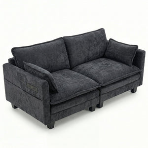 English Elm Modern Chenille Three Seat Sofa with Ottoman Usb Charging Ports and Storage Pockets Black W2519S00002