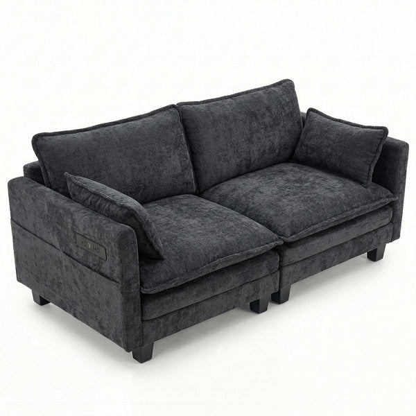 English Elm Modern Chenille Three Seat Sofa with Ottoman Usb Charging Ports and Storage Pockets Black W2519S00002