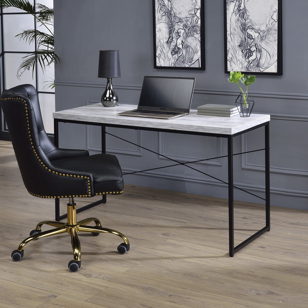 English Elm Antique White And Black Writing Desk: Modern Industrial Charm With Sleek Faux Concrete Finish B062P184539
