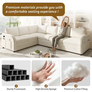 English Elm 115.2" Oversized Teddy Fabric Sectional Sleeper Sofa with Usb Ports and Modular Chaise Beige+White W1885S00316