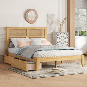 English Elm Full Full Size Bed with Rattan Headboard and Two Underbed Storage Drawers, Rubberwood Slat Support White Oak W504P269606