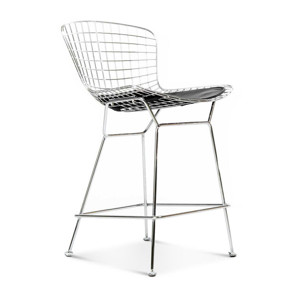 English Elm Set of Two Bertoia Bar Stools Black Frame — Sleek PU Leather Seats, Polished #304 Stainless Steel, 35" H B353P375965