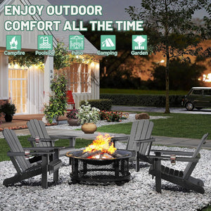 English Elm Adirondack Hdpe Folding Chair Set Outdoor Patio Fire Pit Seating with Cup Holder Gray W1859P453283