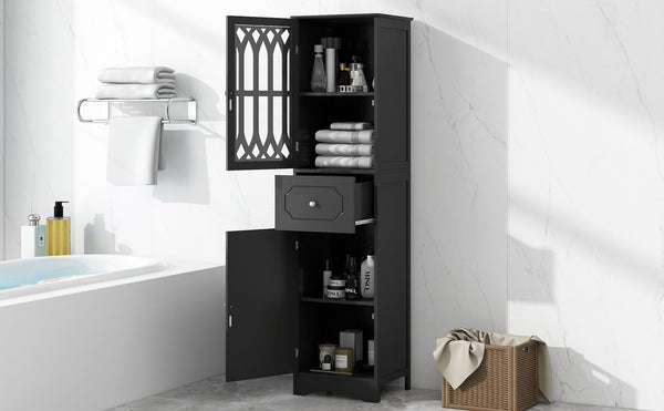English Elm Tall Bathroom Cabinet Slim Freestanding Storage with Drawer & Doors, Adjustable Shelves, MDF Build Black WF289427AAB