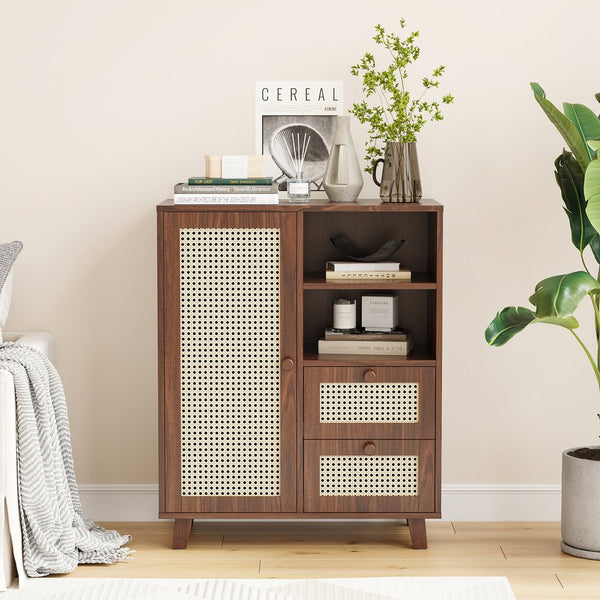 English Elm Rattan Cane Front Sideboard with Drawers Adjustable Shelf Bohemian Storage Cabinet Walnut T3623P434733