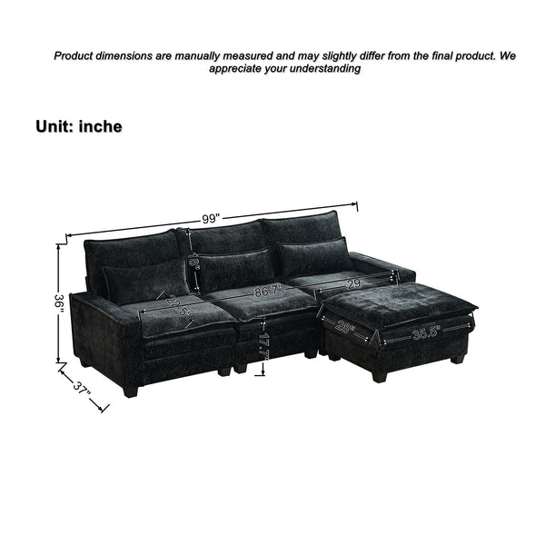 English Elm 99'' Sectional Cloud Deep Seat Couch - Plush Chenille 4-Seat L-Shaped Sofa with Movable Ottoman, Stain-Resistant Comfort and Ergonomic Lumbar Support Black W3373S00024