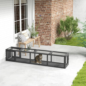 English Elm PawHut Extendable Outdoor Cat Tunnel 79" Wooden Catio Run with Weatherproof Mesh, Multi-Entry Grey+Black W2225P200585