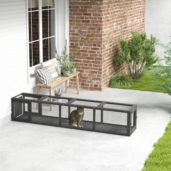 English Elm PawHut Extendable Outdoor Cat Tunnel 79" Wooden Catio Run with Weatherproof Mesh, Multi-Entry Grey+Black W2225P200585
