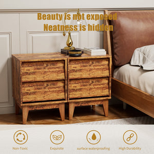 English Elm 2 Nightstands Vintage Bevel Design with Hidden Drawer Pulls and Solid Wood Legs for Stable Style Brown W578P192477