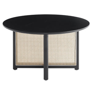 English Elm Mid-century round solid wood coffee table with PE rattan stand, 31.5" Boho black centerpiece, durable style W2720P237624