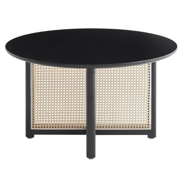 English Elm Mid-century round solid wood coffee table with PE rattan stand, 31.5" Boho black centerpiece, durable style W2720P237624