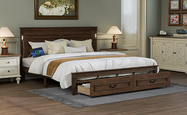 English Elm King Pine Wood Storage Bed with Led Lighting Usb Charging Tall Panel Headboard Walnut W504S00270