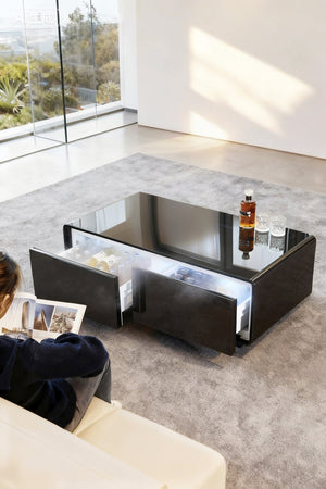 English Elm Modern Coffee Table with Built in Fridge Power Outlets and 135l Cold Storage Black W1172P483602