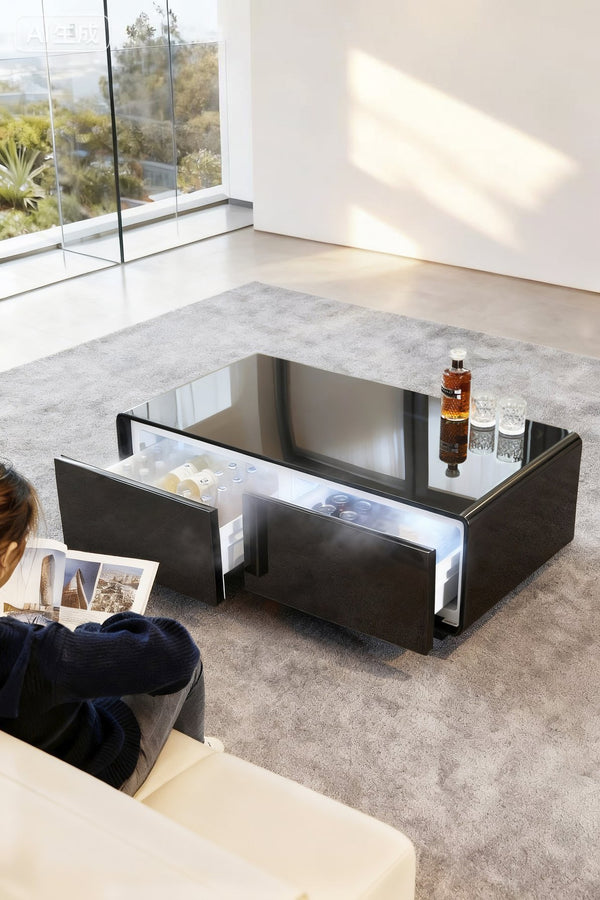 English Elm Modern Coffee Table with Built in Fridge Power Outlets and 135l Cold Storage Black W1172P483602
