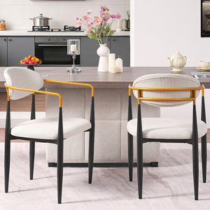 English Elm Modern Upholstered Dining Chairs Set of 2 Beige Fabric Gold Arm Black Frame W5501P462415