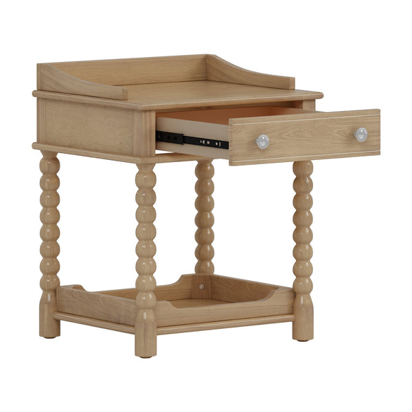 English Elm Retro Bedside Nightstand with Turned Rubberwood Legs Open Shelf and Drawer Storage Natural N733P206240M