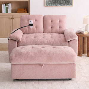 English Elm Leisure Chenille Two Seat Reclining Sofa with Usb Port Storage Ottoman Padded Armrests Pink W487S00519