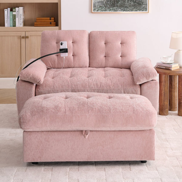 English Elm Leisure Chenille Two Seat Reclining Sofa with Usb Port Storage Ottoman Padded Armrests Pink W487S00519