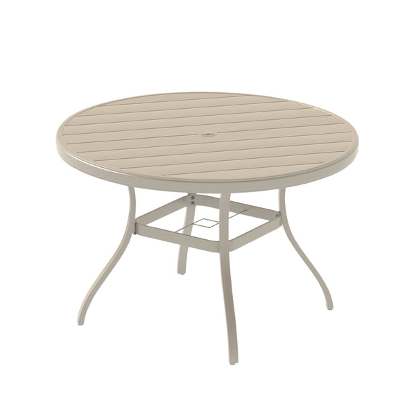 English Elm Outdoor Round Patio Dining Table with Powder-Coated Steel, Seats 6-7, Umbrella Hole, Rust-Resist Sandstone W213P335111