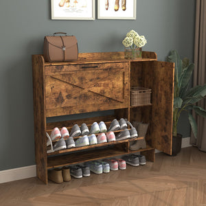 English Elm Shoe Storage Cabinet with Mirror & 2 Flip Drawers, Narrow Freestanding Organizer with Metal Legs for Entryway, Rustic Brown W2129P299615