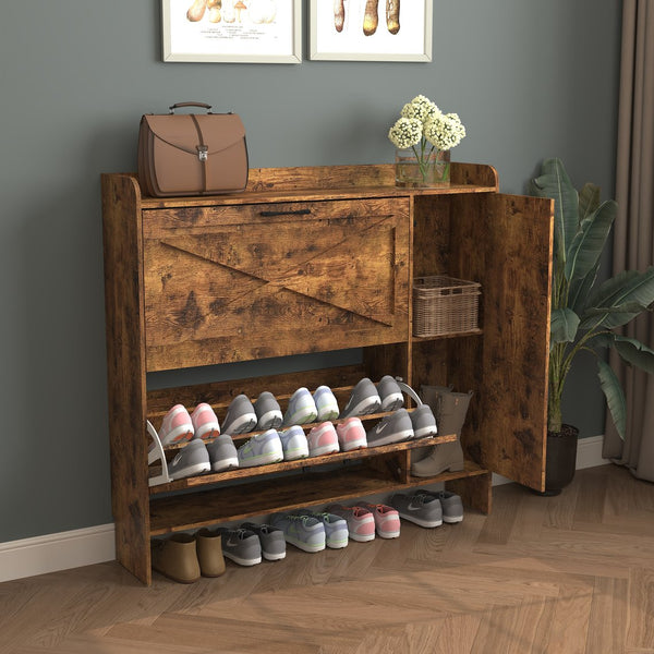 English Elm Shoe Storage Cabinet with Mirror & 2 Flip Drawers, Narrow Freestanding Organizer with Metal Legs for Entryway, Rustic Brown W2129P299615