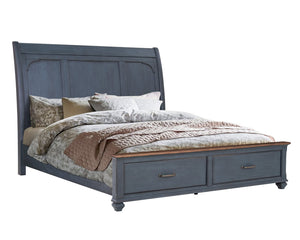 English Elm King King Size Sleigh Bed Corduroy Blue Finish with USB Ports, Storage Footboard, Coastal Charm and Durable Rubberwood Craftsmanship B108S00029