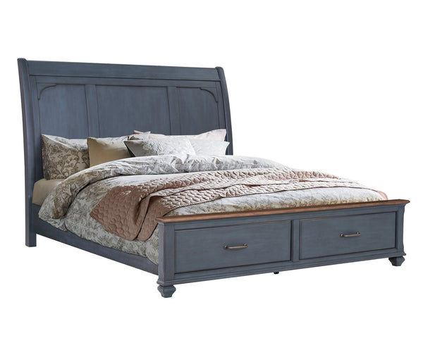 English Elm Queen Sleigh Bed with Corduroy Blue Finish, USB Headboard, Storage Footboard, Rustic Coastal Charm B108S00030