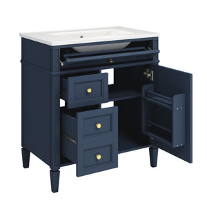 English Elm 30'' Modern Bathroom Vanity with Integrated Mirror Cabinet, Ceramic Sink, 3 Drawers & Ample Storage Blue SW000126AAC-1