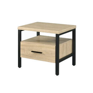 English Elm One Drawer Nightstand With Open Shelf - Rustic Oak And Black Metal For Modern Bedroom Style B016P256523