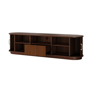 English Elm Vintage Farmhouse Media Console with Slatted Sliding Doors and Brass Hardware for Living Room Walnut N721P427206P