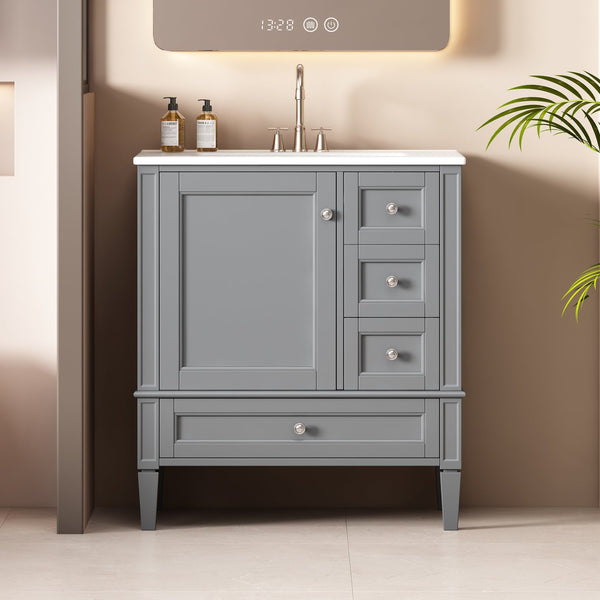 English Elm 30 30 Inch Bathroom Vanity with Ceramic Sink, Modern Compact 3-Drawer Storage Cabinet for Small Baths Grey N710P247499E