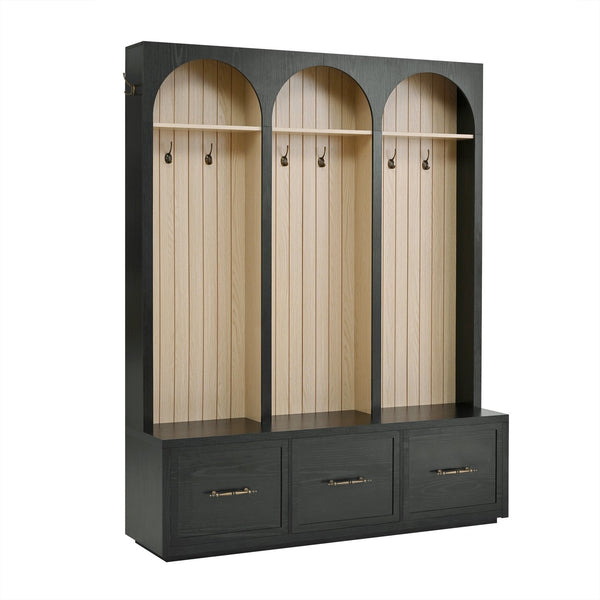 English Elm Hall Tree Entryway Organizer with Bench Drawers Hooks and Arched Wood Grain Panels Black N721P415880B