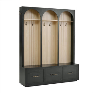 English Elm Hall Tree Entryway Organizer with Bench Drawers Hooks Arched Wood Grain Vintage Style Black N721P415881B