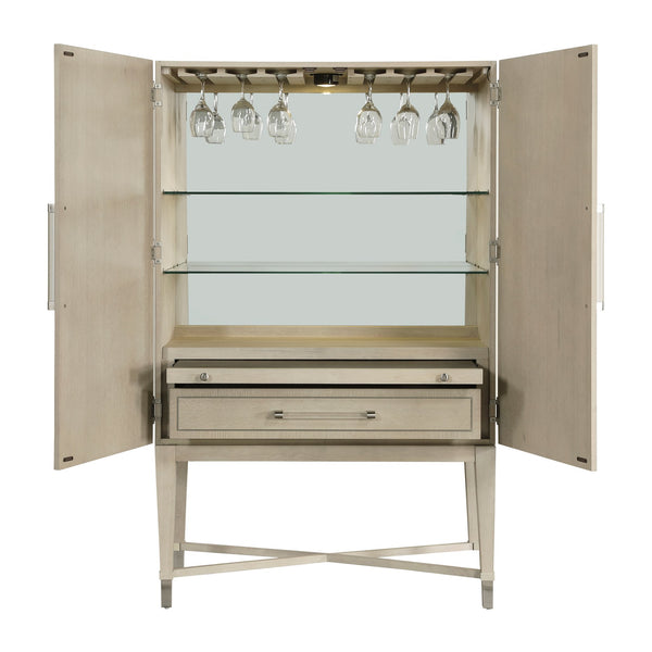 English Elm 1pc Oak Bar Cabinet with Led Mirrored Interior Stemware Rack and Pull Out Tray B011P474393