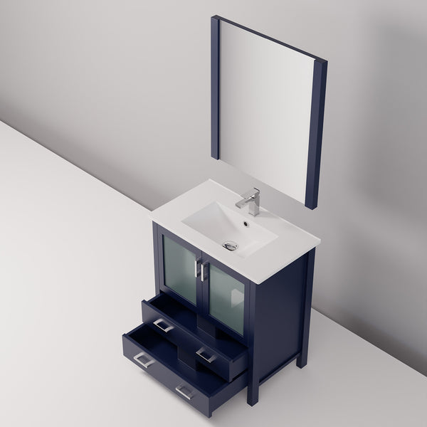 English Elm Navy Blue Bath Vanity With White Ceramic Top, Chrome Faucet & 28 In. Mirror - Stylish & Functional! B2731S01287
