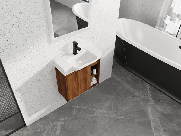 English Elm 24'' Wall-Mounted Bathroom Vanity with White Ceramic Sink, Soft-Close Door, Open Shelves, Moisture-Resistant Finish W999P263406